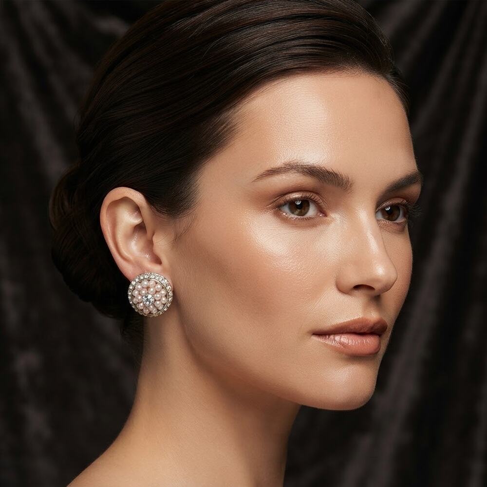Vintage Faux Pearl Rhinestone Cluster Screw-Back Earrings Retro Elegance